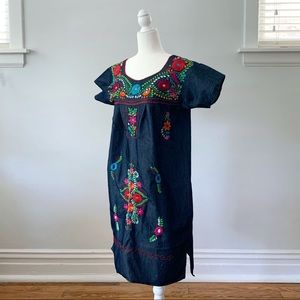 Mexican Denim Hand Embroidered Dress With Florals